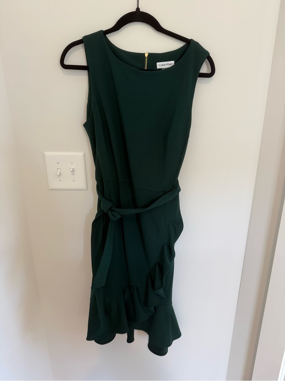 Calvin Klein Dark Green Sleeveless Midi Dress with Tie Waist